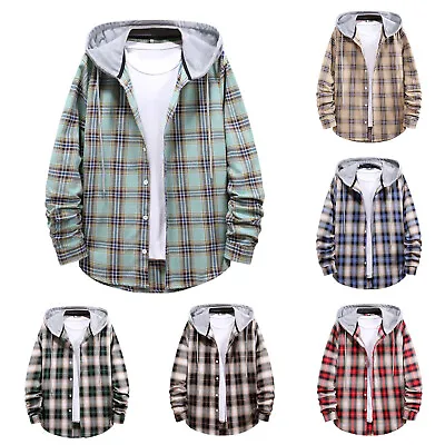 Buy Mens Flannel Plaid Hoodie Shirts Jacket Casual Button Down Long Sleeve Lightweig • 22.79£
