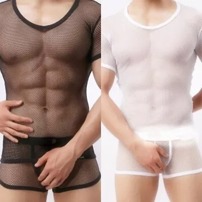 Buy Mens T Shirts Tops White Black Breathable Casual Fishnet Party Nightclub • 11.27£