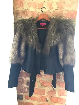 Buy *Reduced* RARE Red Rock Leather Faux Fur Biker Aviator Jacket Black 10 • 10£