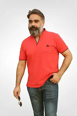 Buy CAY2 Mens V-Neck Casual T-Shirt With Standing Collar Short Sleeves RED S M L XL • 12.99£