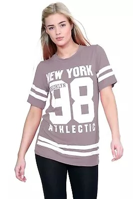 Buy Womens Oversized Stripe T-Shirt Newyork 98 Brooklyn Ladies Baseball Varsity Top • 7.37£
