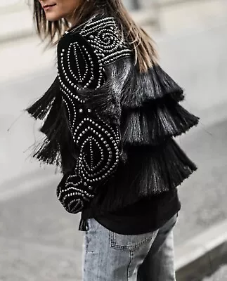 Buy Zara Velvet Fringed Jacket Tassel Beaded  Studded Gothic Boho Festival XS New • 69.99£