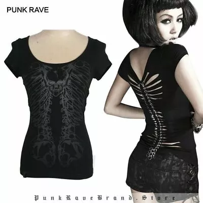 Buy Women Summer Black Slim T-shirt Gothic Visual Kei Hollow-out Skull Print Tee Top • 20.39£