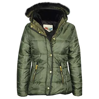 Buy Kids Girls Olive Padded Puffer Jacket Bubble Faux Fur Collar Quilted Warm Coats • 11.99£