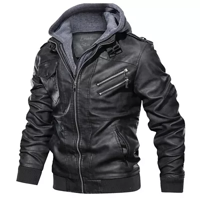 Buy Genuine Mens Black Leather Biker Style Leather Jacket Removable Hood  • 79.99£