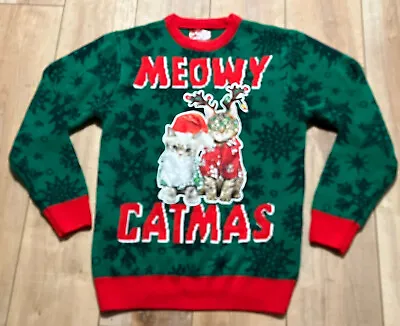 Buy MEOWY CATMAS Ugly Christmas Sweater Cat Kitten Funny Unisex Green Red Size Small • 14.24£