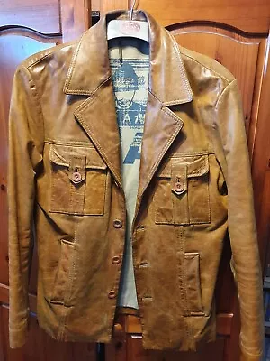 Buy Mens River Island Retro Tan Leather Jacket • 50£