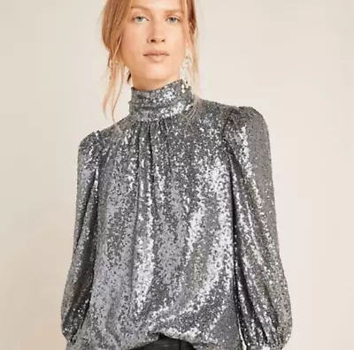 Buy Anthropologie Sunday In Brooklyn Luna Silver Sequined Mock Neck LS Blouse Size S • 70.87£