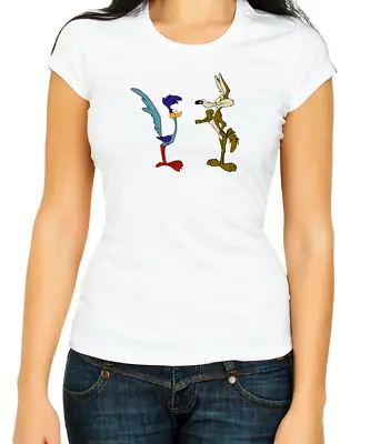 Buy Coyote Road Runner Cartoon White/Black  Women's 3/4 Short Sleeve T-Shirt P117 • 9.51£