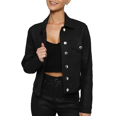 Buy Womens Denim Jacket Coated Black Button Up Long Sleeve Casual Ladies Coat UK • 32.99£