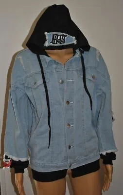 Buy Denim Jean Jacket With Hoodie Distressed Jacket With Patches Neww • 17£