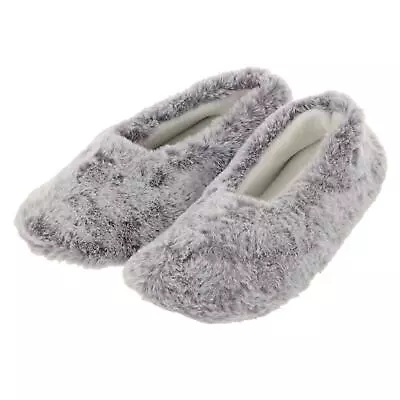 Buy Ladies Grey Ballet Slippers Faux Fur White Fleece Lining Cushioned Firm Sole • 12.99£