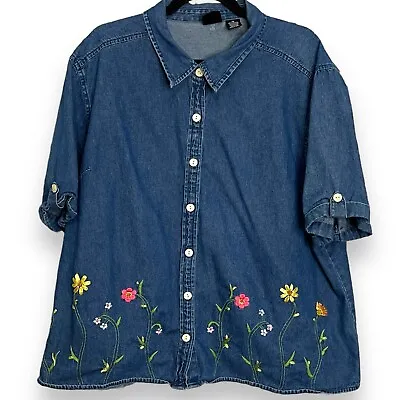 Buy Erika Chambray Button Up Shirt Women's 3X Blue Embroidered Boho VTG Cottagecore • 15.24£