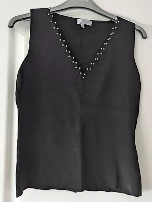 Buy Blue Motion - Vintage Black Sleeveless Top With Faux Pearls, Viscose, Size S • 3.50£