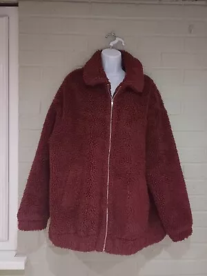 Buy Ladies New Look Burgundy Teddy Fleece Bomber Jacket Size 14 • 4.99£
