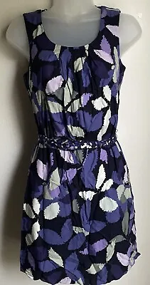 Buy H&M Dress Blue Floral Leaf Shift Size 4 Sleeveless Belted Spring • 1.60£