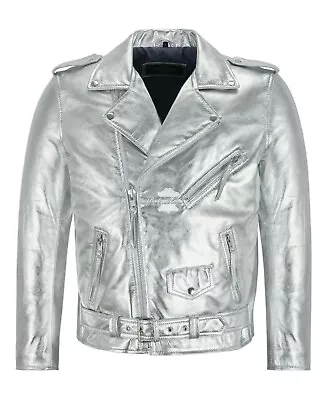 Buy Men's BRANDO SLIM-FIT Gold/Silver Foiled Leather Jacket Biker Racer Jacket SRMBF • 169.64£
