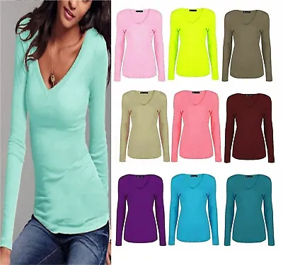 Buy Ladies Womens V Neck Long Sleeve Plain Slim Fit Basic Top Stretchy T-Shirt • 5.99£