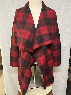 Buy NWT Ralph Lauren Red And Black Wool Plaid Sweater Wrap Jacket Coat S/M $225 • 24.08£