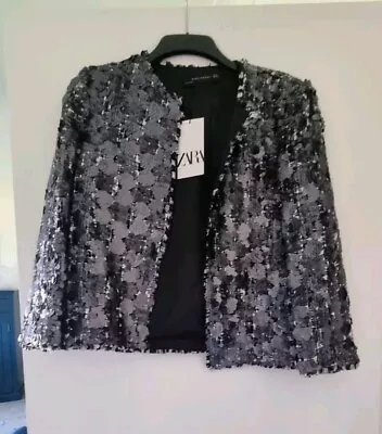 Buy BNWT ZARA Gunmetal Silver Sequin Boucle Tweed Blazer Jacket Trinny M Medium  • 89£
