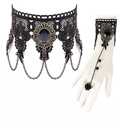 Buy Womens Steampunk Costume Bracelet & Necklace Set Goth Jewellery - Black Jewell • 6.49£
