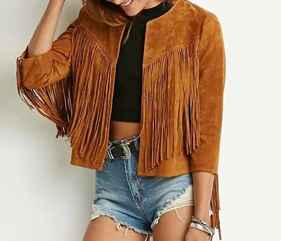 Buy Womens Brown Suede Leather Jacket Fringe Native American Western Style-ALL SIZE • 139.99£
