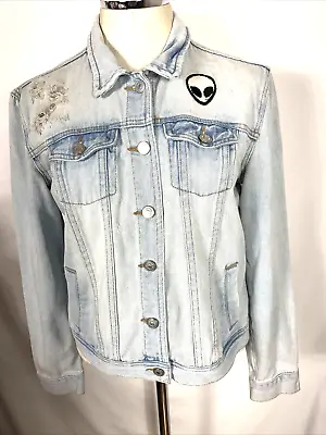 Buy Brandy Melville Womens Jacket Sz L Jean Distressed Button Front Alien Patch • 7.57£