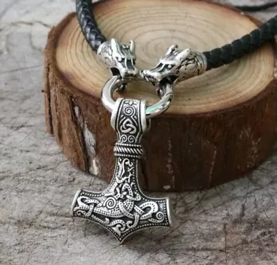Buy Viking Wolf Head With Odin Pendant Neklace Thor's Hammer Mjolnir Jewelry • 9.85£