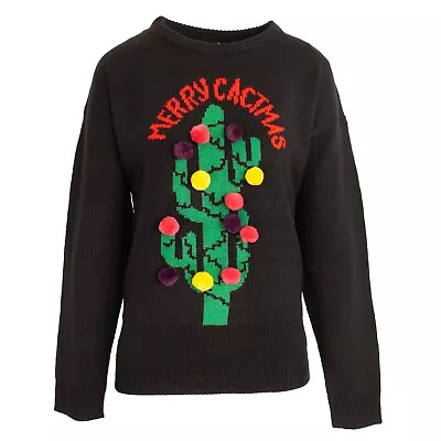 Buy Brave Soul Womens Ladies Christmas Xmas 'Merry Cactmas' Cactus Jumper Black 12 S • 10.99£