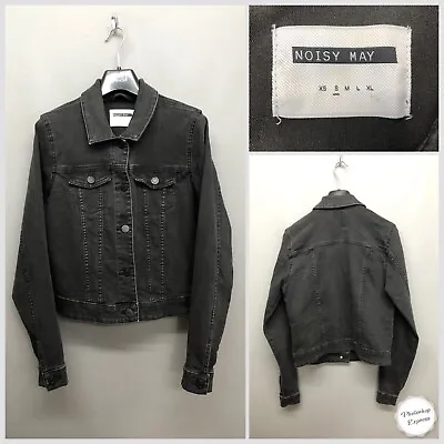 Buy NOISY MAY Women’s Charcoal Grey Denim Jacket Small Short Retro • 7.95£