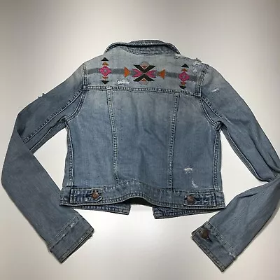 Buy American Eagle Jacket Womens Size XS Denim Destroyed Embroidered Aztec Cropped • 16.06£