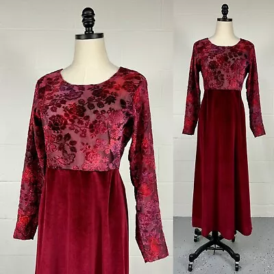 Buy Vintage 90s Sheer Red Burnout Floral Velour Fit Flare Maxi Dress Goth Fairy XL • 67.55£