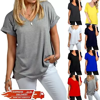 Buy Womens Turn Up Short Sleeve V Neck Oversized Baggy Loose Fit Summer Tees T Shirt • 3.99£