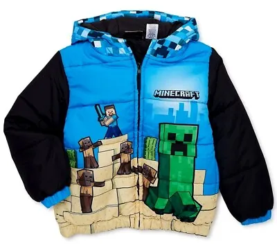 Buy Minecraft Puffer Jacket Boy 4 6 Winter Coat Hoodie Kids Creeper Zombie Christmas • 32.79£
