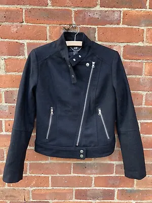 Buy H&M Black Biker Jacket. Wool Blend. Round Neck. Silver Zips, UK10. NEW • 15£