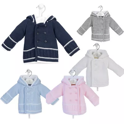 Buy Baby Girls Boys Knitted Jacket Pram Coat Hood Spanish Pink Blue White 0-12m • 18.49£