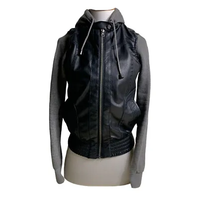 Buy Womens Vegan Faux Leather Jacket Small Miss London Zip Up Hoodie Black/Gray • 15.36£