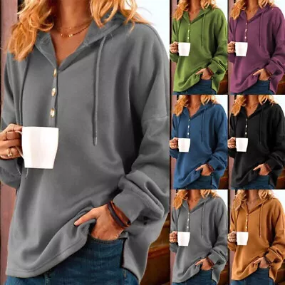 Buy Women Sweatshirt Long Sleeve Hooded Hoodies Ladies Winter Fleece V Neck Tops • 15.68£