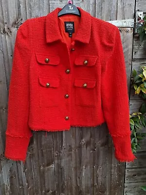 Buy River Island Red Boucle Frayed Trim Crop Jacket 16 Gold Buttons Was £70 VGC • 34.99£