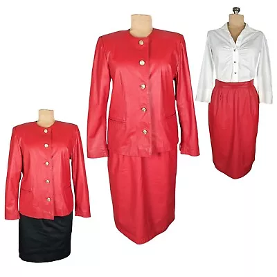 Buy Vtg 80s/90s Size M Cherry Red Leather Jacket Pencil Skirt Suit Set Gold Button • 80.51£