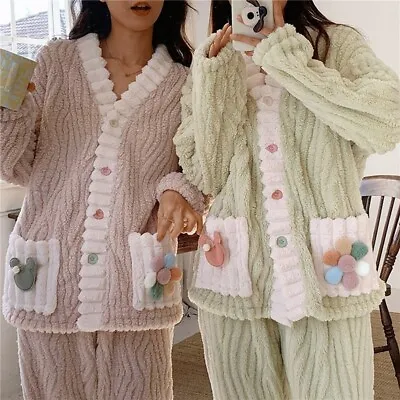 Buy Womens Ladies Fleece Pyjamas PJ Nightwear Cardigan Warm Flannel Winter • 14.99£