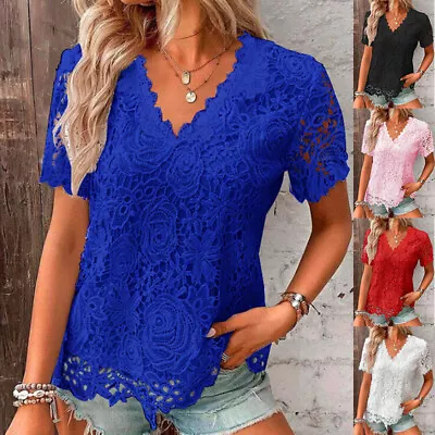 Buy Womens V Neck Lace Tops Blouse Short Sleeve Casual Holiday Beach T-shirt Size 24 • 10.09£