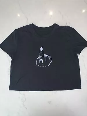 Buy Vintage Graphic Tee Sz S Black Half Cropped Crew Flipping The Bird Middle Finger • 9.64£