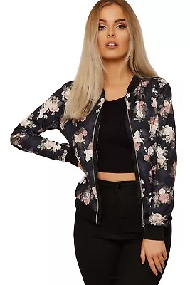 Buy Ladies Print Front Zip Up Bomber Jacket Coat Long Sleeves Casua Rose Floral 8-22 • 12.99£