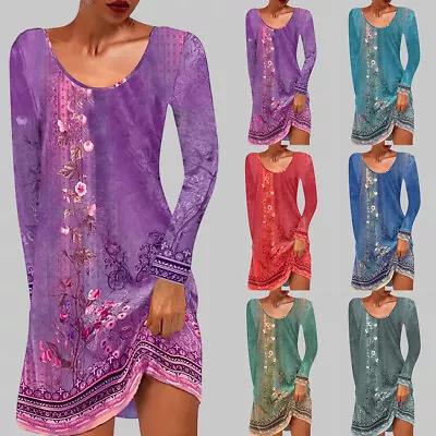 Buy Womens Boho Floral Long Sleeve Mini Dress Ladies Party Beach Vintage Sun Dresses • 6.79£