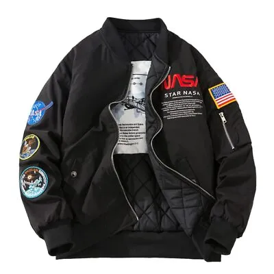Buy Men Winter Flight Jacket NASA Style Bomber Coats Ma1 Pilot Army Jacket Outwear • 35.72£