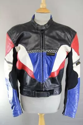 Buy Revenger Black, Blue, White & Red Leather Biker Jacket With Protectors 38 Inch • 49£