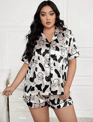Buy Silky Satin Cow Pajamas Set Cows PJs Dairy Farm Animal Lounge Top With Shorts • 33.07£