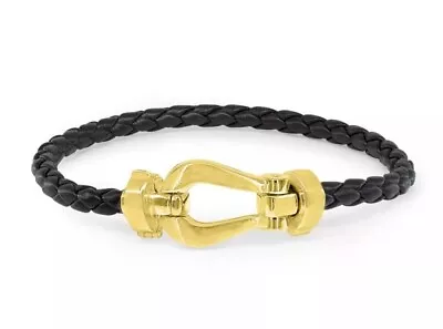 Buy Mens Leather Bracelet-Chunky Braided Stainless Steel Horseshoe Buckle Wristband • 7.85£