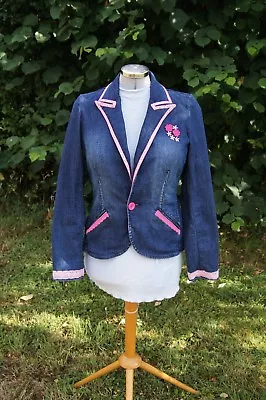Buy Beautiful Unique Hand Decorated Up-cycled Denim Jacket W Pink Size L Earl Jean  • 35£